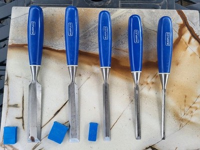 5 Lot Marples Blue Chip Wood Chisels -1 '', 3/4'' 1/2'', 3/8'', 1/4'' England Used