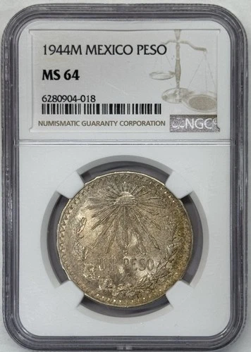 1944M Mexico Silver Un Peso NGC MS64