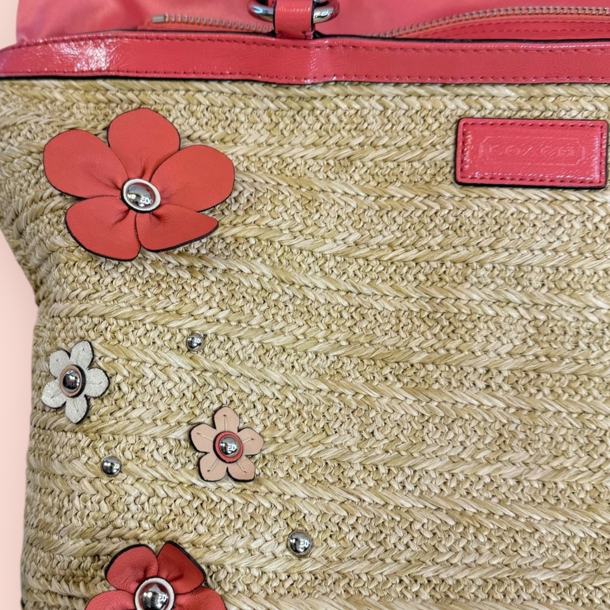 COACH Y2K Vintage Straw Floral Appliqué Tote Leather Accent 