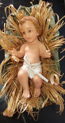 Elégant Ancien Santon Crèche  "JESUS EN PLATRE SUR SON LIT" - Taille 24 cm - Photo 1/4
