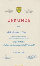 DDR, 1980, RAR, NVA, FDJ, Urkunde vom Kommandeur, Urkunde Treffen mit 1. Schuss
