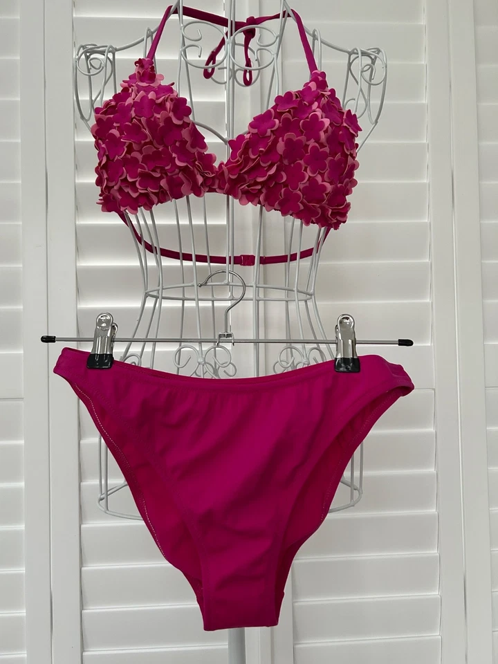 Bikini Calzedonia Cobey Italiano Vintage 2 Vías Aplique Flor Cerise Talla 12 Foto 3 de 4