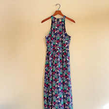 Miami Womens Blue Floral High Neck Sheer Side Slit Lined Maxi Long Dress Size S