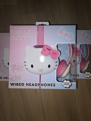 NEW Hello Kitty Girls' Squishy Wired Pink & White Headphones w/Built-In Mic