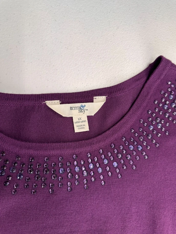 Terra & Sky Purple Womens Sweater Rhinestone Detail On Collar 1X Grandma Beaded - Image 4 of 4