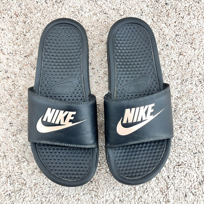 Nike Benassi JDI Slide Sandals Women's Size 9 Black With Gold Swoosh Logo GUC