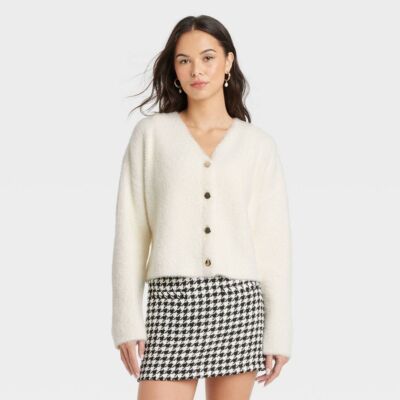 Women's Fuzzy Party Cardigan - A New Day Cream S