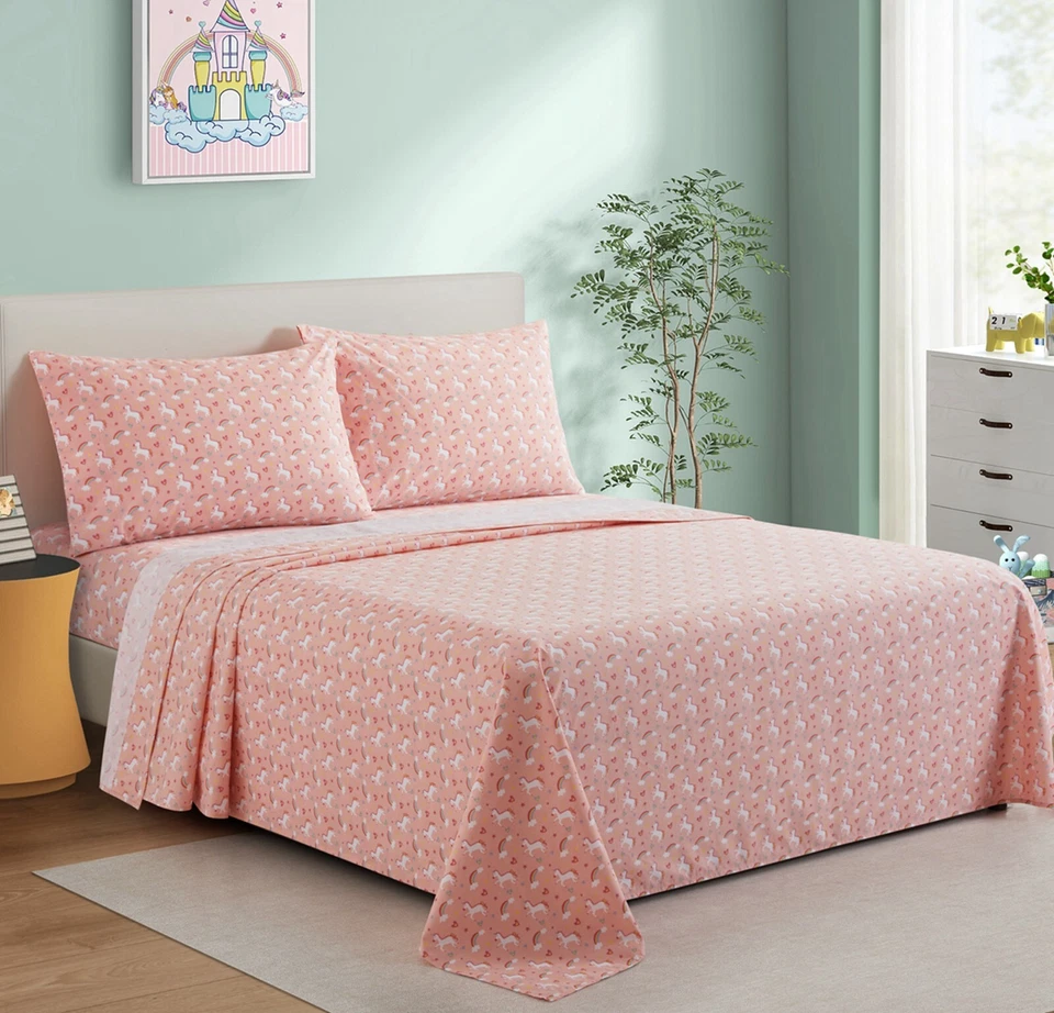 Juego de sábanas de percal de mezcla de algodón con bolsillo profundo suave estampado de 600 hilos para niños Foto 4 de 4