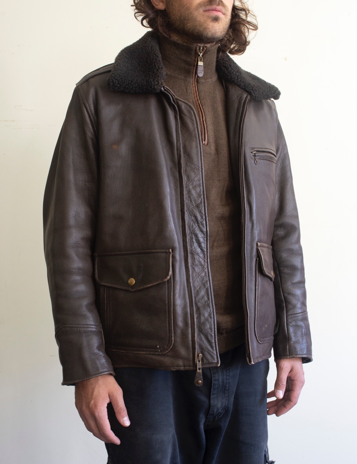 Vintage! LL Bean Goatskin Bomber Jacket Sherpa Lined Made in USA Mens