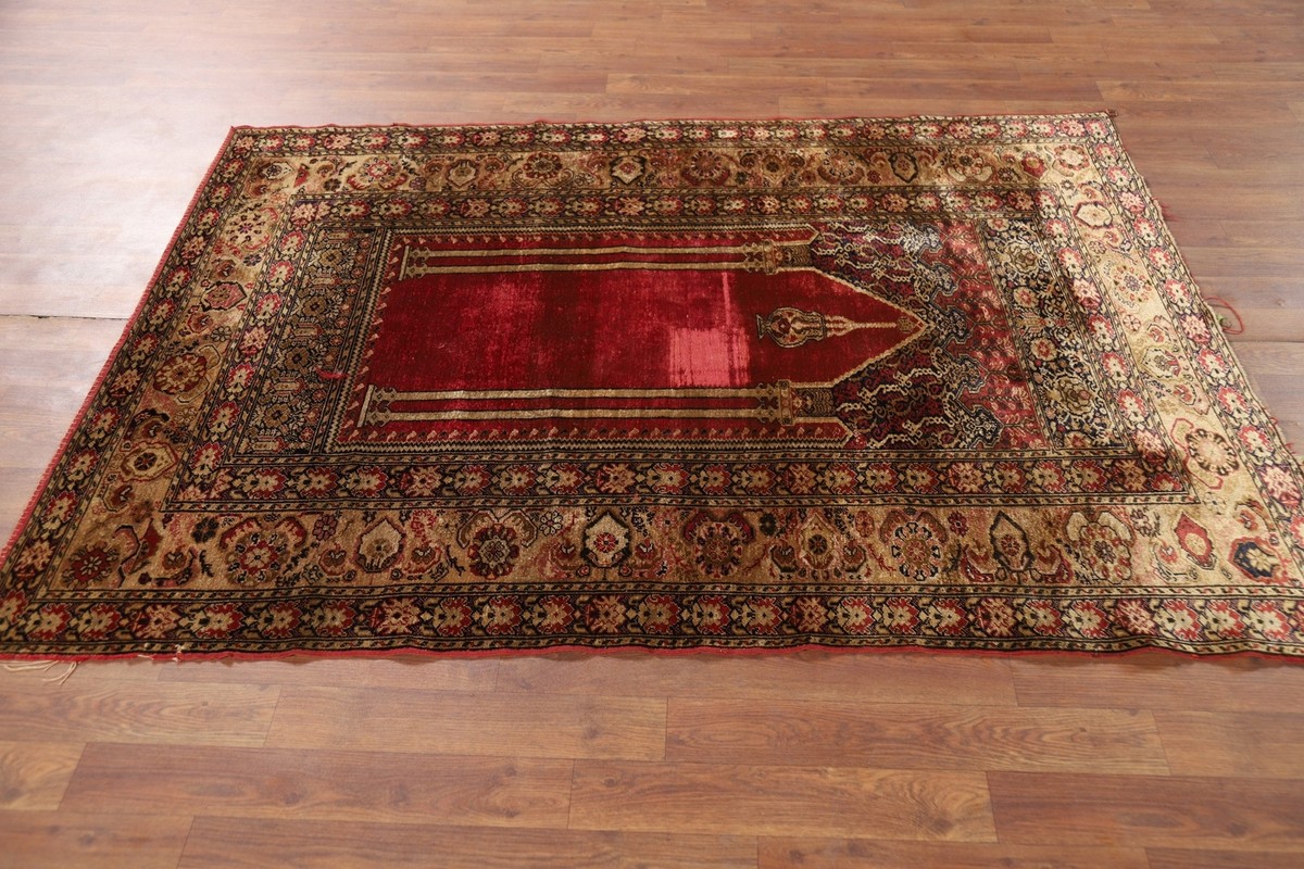 トルコ絨毯　シルク100％　GOLDEN YARN CARPET Red/ Gold 100% Silk Antique Anatolian Turkish Rug 4x6 Handmade