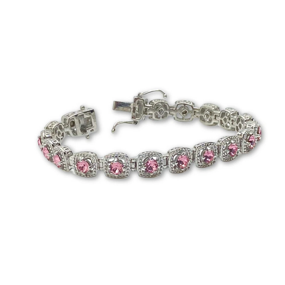 Acabado en oro blanco corte redondo rosa turmalina y pulsera de diamante creado Foto 3 de 4