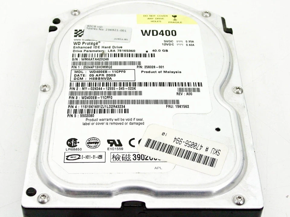 Compaq 236921-001 40GB 3.5" IDE Hard Drive HDD - WD400EB - Dell 2K044 - WIPED - Image 3 of 4