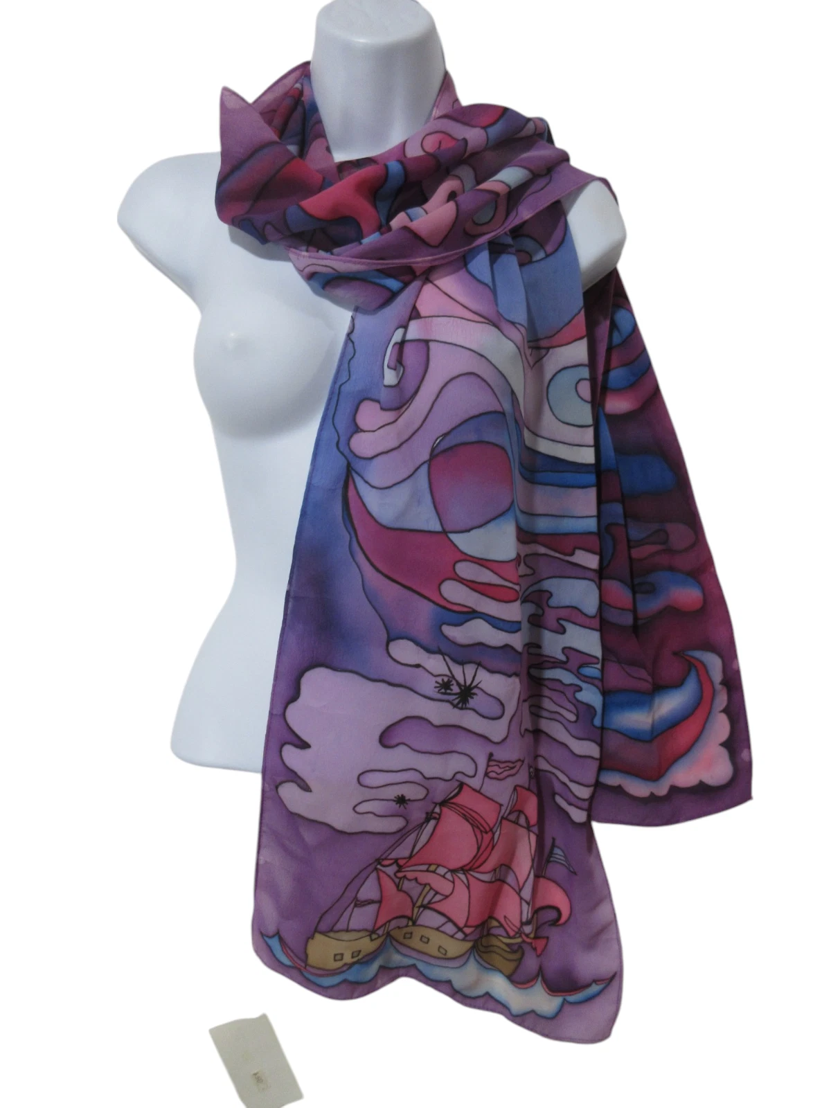 NEW 74" x 13" Batik Silk Scarf BOATS Purple Abstract HAND PAINTED Wrap Art Wave