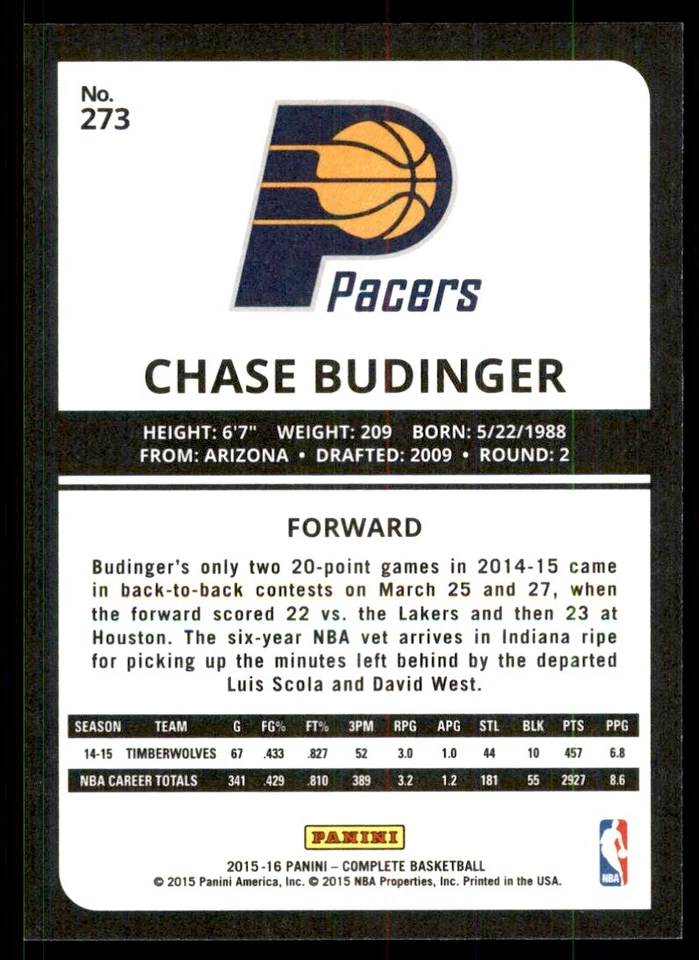 2015-16 Panini Complete^ Chase Budinger Indiana Pacers #273 - Image 2 of 2