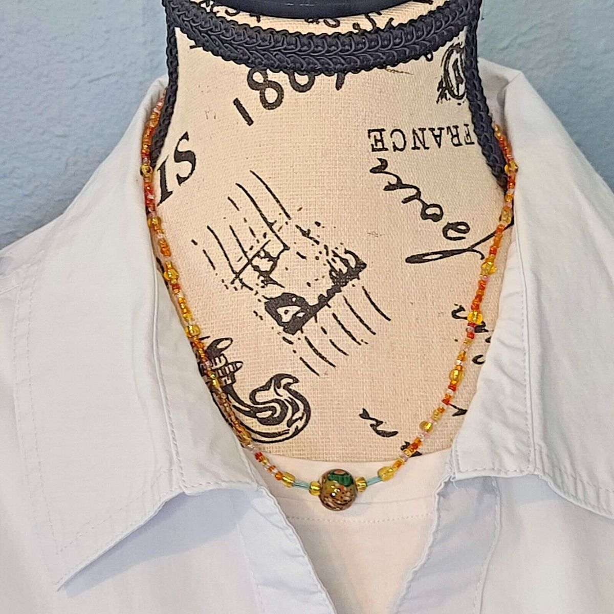 Orange, Yellow & Clear Seed Bead Necklace w Multi-Color Swirled
