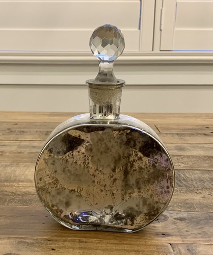 Art Deco Silver Mercury Glass Decorative Bottle: Clear Faceted Stopper • Etched - Picture 2 of 14