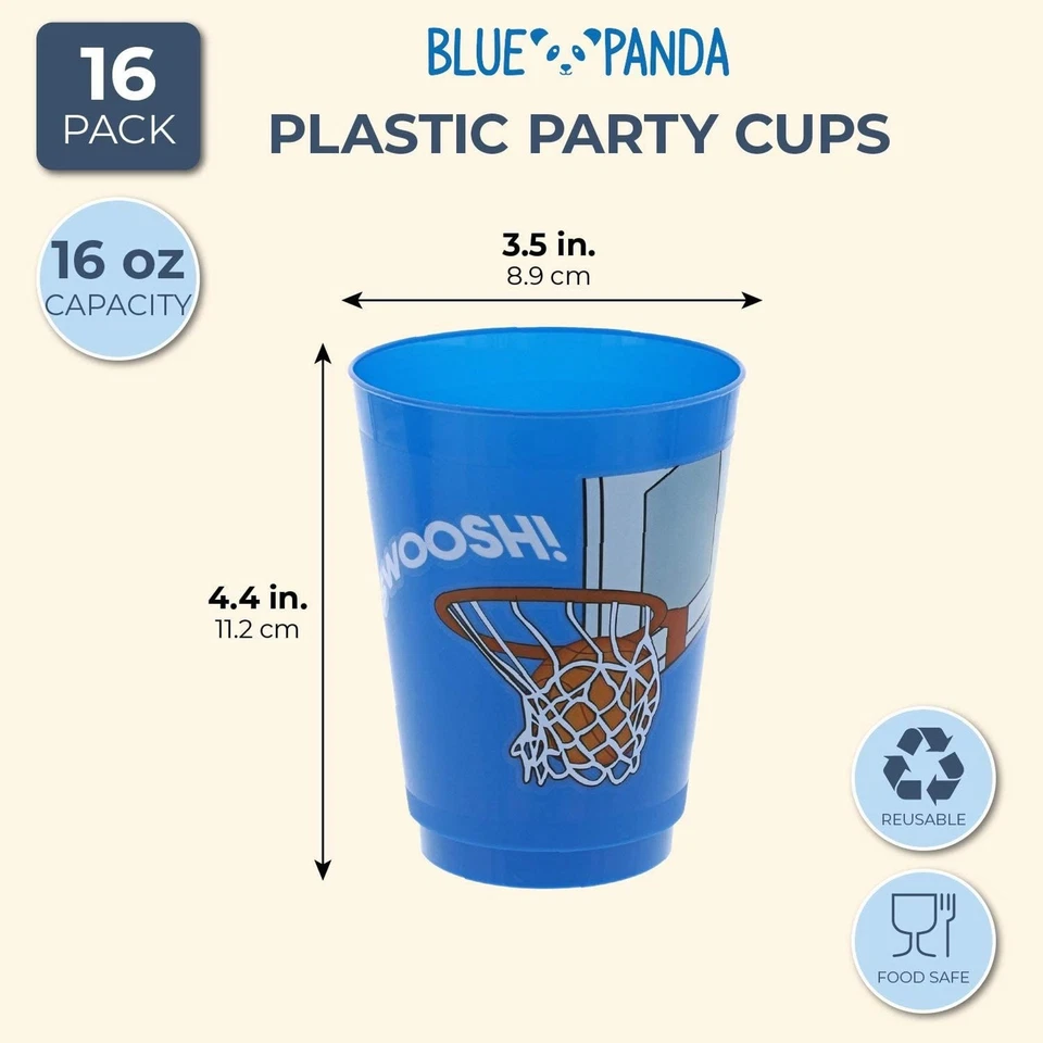 16x vasos reutilizables de plástico de 16 oz para fiesta de baloncesto para niños cumpleaños azul Foto 2 de 4
