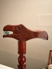 Carved Wood Eagle Head Walking Cane Glass Marble Beak Red Shaft 36in