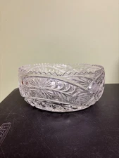 Vintage 24% Cut Lead Crystal Etched Bowl Anna Hutte German Criss Cross Floral