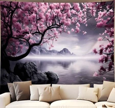 Japanese Cherry Blossom Tapestry Wall Hanging Asian Anime Nature Mountain Wal...