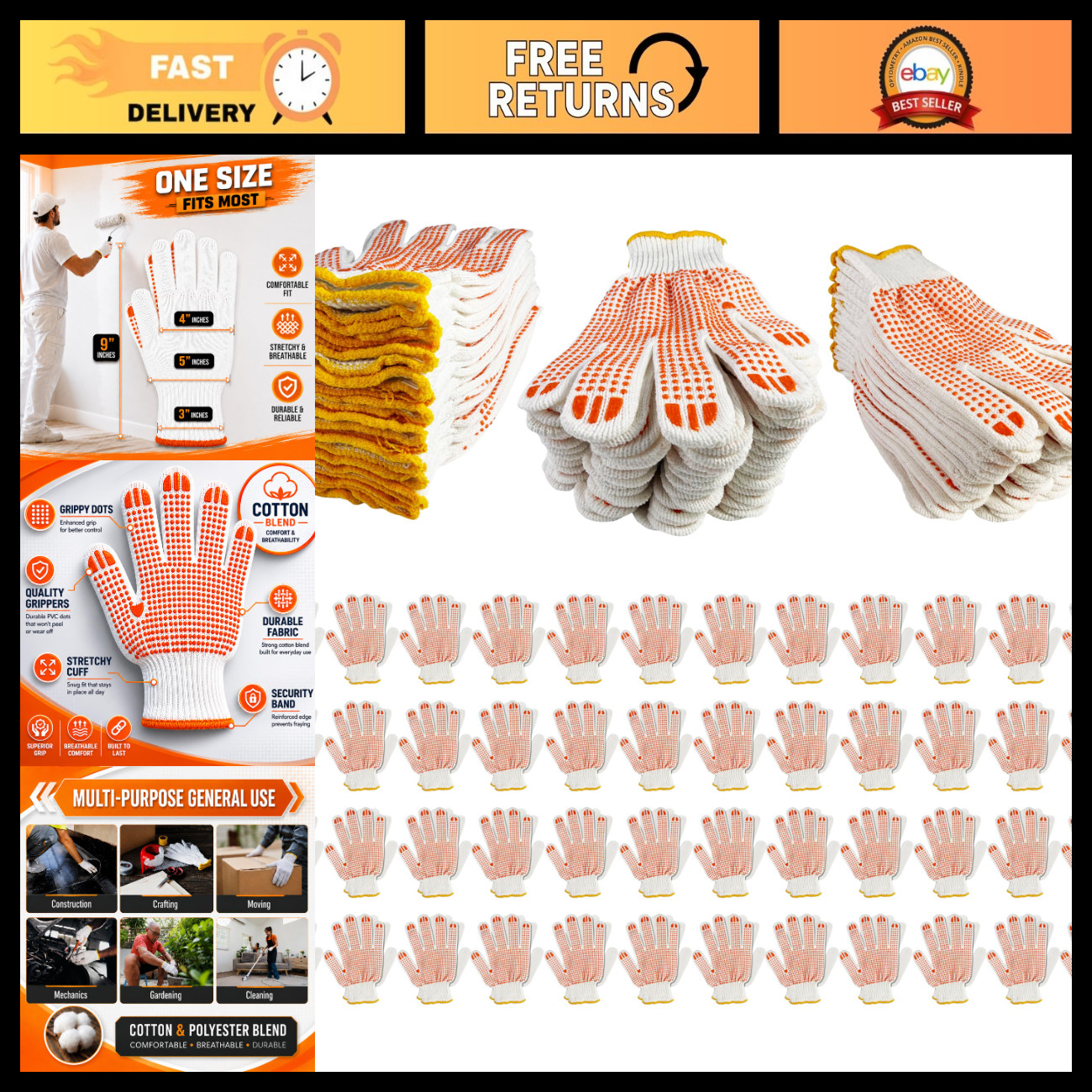 48 Pairs Cotton Grip Work Gloves - Non-Slip PVC Dots for Safety, Garage & Constr