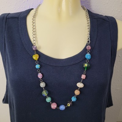 Silver Tone  Chain Multicolored Pullover Glass Bead Necklace Artisan Made 28''