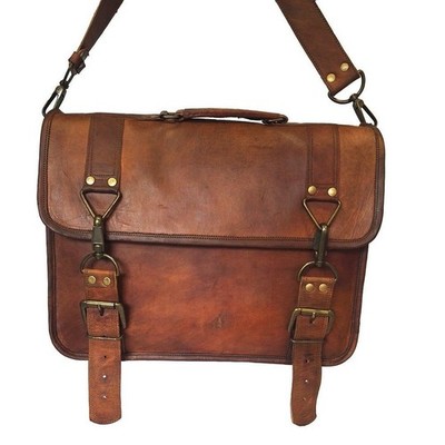 Leather Laptop Bag Goat Men's Messenger Briefcase Satchel Brown