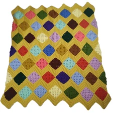 Vintage 1960s Granny Square 44" x 52" Crocheted Knitted Lap Baby Throw Blanket