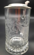Vintage West Germany Etched Glass Beer Stein Pewter Lid Wildlife Stag Deer ALWE
