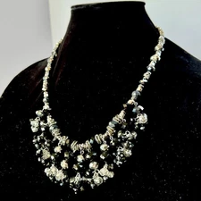 Talbots Black Faceted Glam Bead Cluster Statement Necklace Silver Tone Sparkle