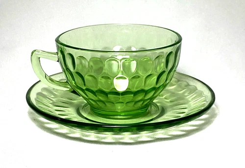 FEDERAL GLASS ~ Vintage Green (Uranium) Glass CUP & SAUCER (Thumbprint Green)
