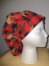 Deer on Black & Red Checks Medical Surgical Bouffant Scrub Hat SIZE LARGE