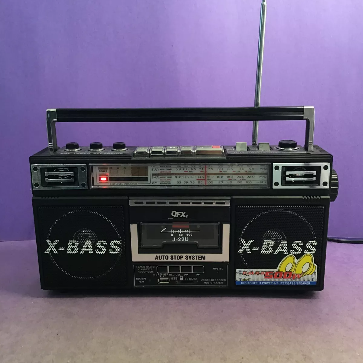 QFX J 22U AM FM SW1 SW2 4 Band Radio X Bass Cassette Boom Box