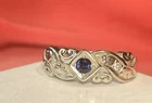 ANTIQUE 14K WHITE GOLD FINISH BLUE SAPPHIRE DIAMOND BAND RING ART DECO MILGRAIN