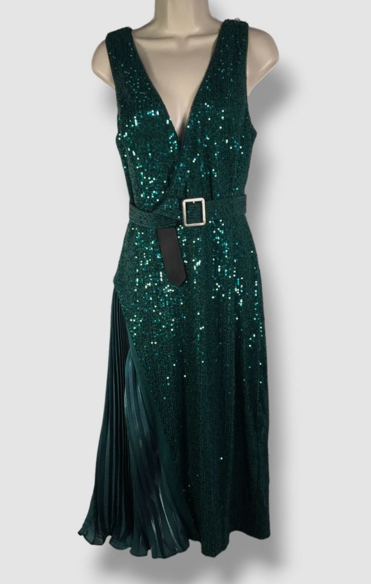 Badgley Mischka Va-va-voom Sequin Pleated Cocktail Dress in Teal