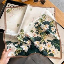 100% Silk Scarf Women Beige Green Flower Head Bandana Small Kerchief Turban 53cm