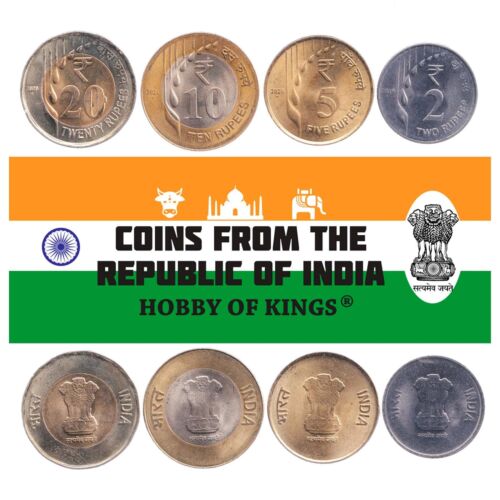 Lot de 4 pièces Inde 2 5 10 20 roupies 2019 - 2021 monnaie indienne - Photo 1/2