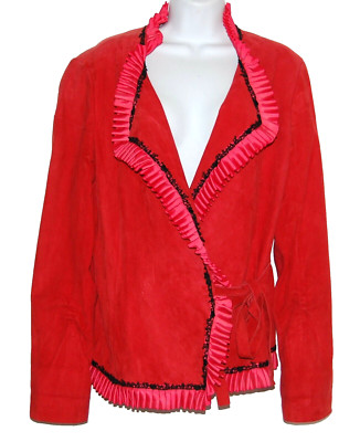 Anne Klein Women's Red Black Trim Suede Ruffle Blazer Jackets Size EU 16 