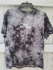 Huf Worldwide T Shirt Youth Size L Black White Tye Die 2 Sided Parrot