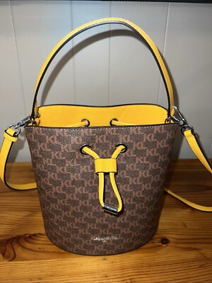 KARL LAGERFELD PARIS Adele Medium Drawstring Bucket Bag Purse Brown Monogram NEW