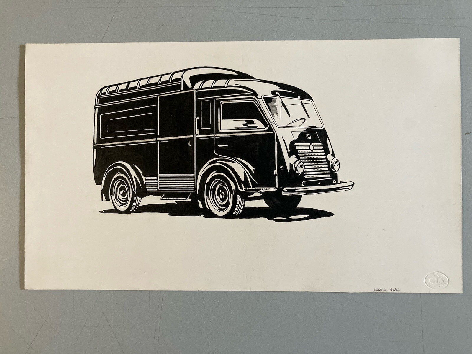 Very Beautiful Ink Drawing Design Renault Truck Goelette Automobile Art Van thumbnail 2