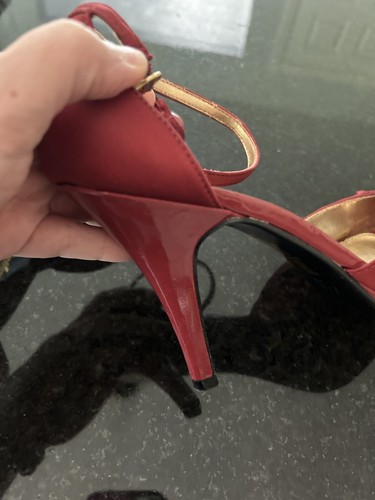 Unlisted Red Ruffle Ankle Strap Heels 9M Peep Toe Leather Sole Formal Shoes - Picture 15 of 17