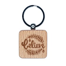 Believe Christmas Holiday Pine Needles and Bells Engraved Wood Square Keychain