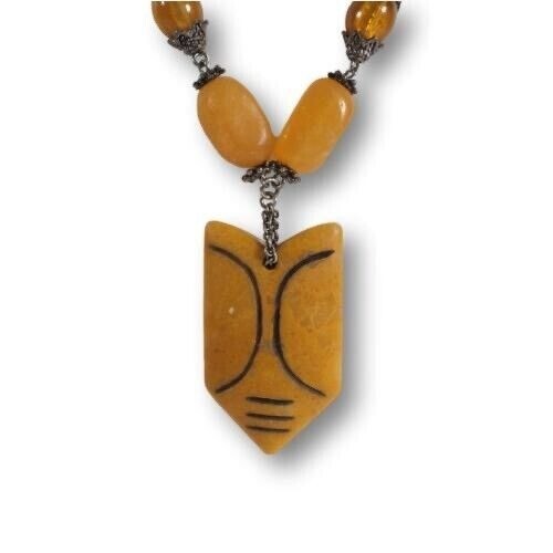 Vintage Chunky Beaded Yellow Necklace With Ethnic Pendant & Toggle Clasp - Imagen 2 de 7