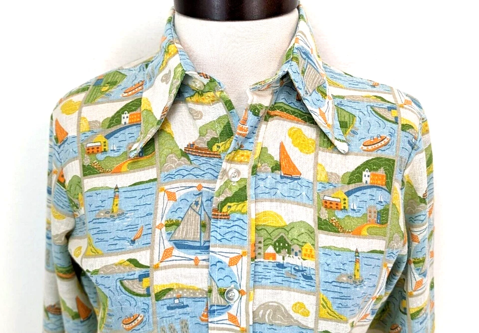 复古 70 年代 LEVI'S "L" 男女通用亚麻衬衫灯塔帆船航海 S 二手状况完好~罕见 * — 第 3/4 张图片