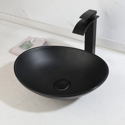 Bathroom Black Stone Resin Vessel Sink Basin Bowl Combo Mixer Faucet Drain Set