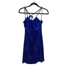 Vintage Y2K Aqua Blues Dress Womens Large Blue Velvet Halter Neck Glitter Floral