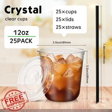 Ziliny 12oz Clear Plastic Cups with Lids Straws, 25 Set, Iced Coffee PET Cups