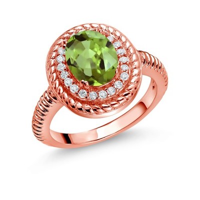 2.36 Ct Oval Green Peridot 18K Rose Gold Plated Silver Halo Engagement Ring
