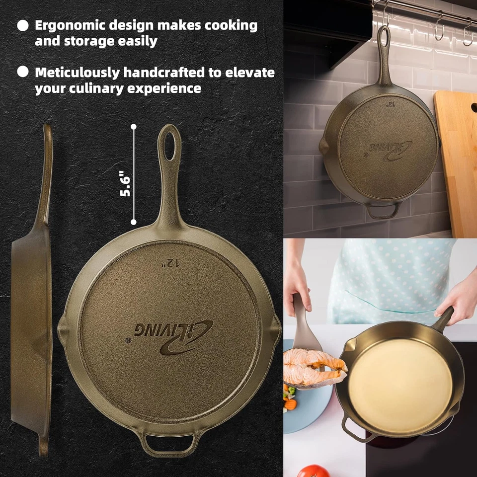 Seasoned Modern Heirloom Mirror Polished Cast Iron Skillet Pan 12" (2.0" Wall He - Image 4 of 4